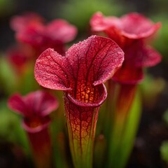 Close-up of vibrant red pitcher plants with dewdrops