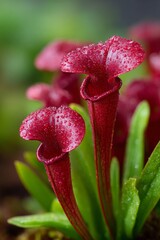 Close-up of a red carnivorous pitcher plant with droplets.