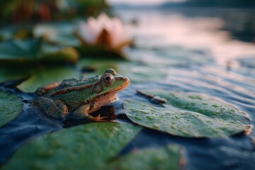 A frog sits on a lily pad in a tranquil lake at sunset.