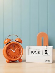 ​A focused shot of an important date (June 6, 2026) on a block calendar alongside a vibrant orange twin-bell clock