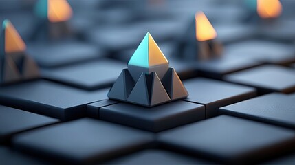 A close-up, abstract view of a geometric pyramid sculpture with sharp edges, resting on a dark, textured surface composed of interlocking squares. Soft, diffuse