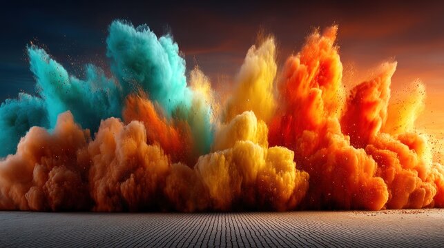 Vibrant colorful powder explosion on textured ground at sunset
