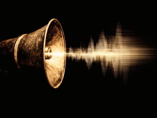 amplifier. Vintage brass megaphone with sound wave visualization, representing communication concept. product launch decks.