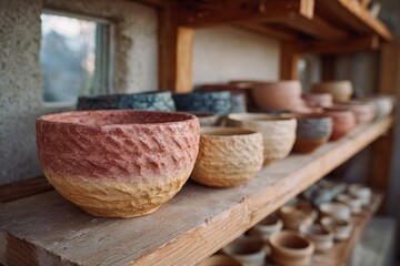 Handcrafted pottery bowls on wooden shelves in sunlight