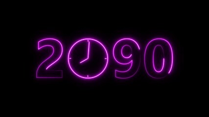 2090 digital text celebration and Calendar neon bright magenta color animation. Clock icon timer concept on black background.