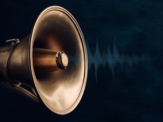 amplifier. Vintage brass megaphone with sound wave visualization, representing communication concept. product launch decks.