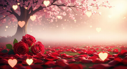 Lush valentines day background featuring red roses and petals under a blossoming tree adorned with heart shaped lights
