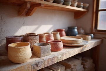 Handmade pottery on rustic shelves in sunlit workshop.