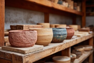Row of handmade pottery bowls in a rustic workshop.