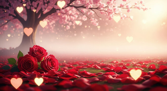 Lush valentines day background featuring red roses and petals under a blossoming tree adorned with heart shaped lights - Powered by Adobe