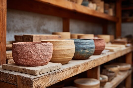 Row of handmade pottery bowls in a rustic workshop. - Powered by Adobe