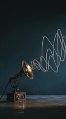amplifier. Vintage brass megaphone with sound wave visualization, representing communication concept. product launch decks.