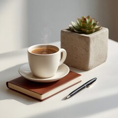 Coffee cup, notebook, pen, and succulent on sunlit table.
