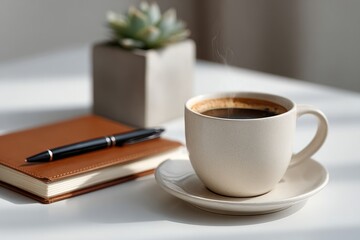 Coffee cup on table with notebook, pen, and succulent plant.
