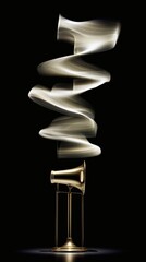 amplifier. Vintage brass megaphone with sound wave visualization, representing communication concept. product launch decks.