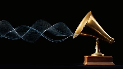 amplifier. Vintage brass megaphone with sound wave visualization, representing communication concept. product launch decks.