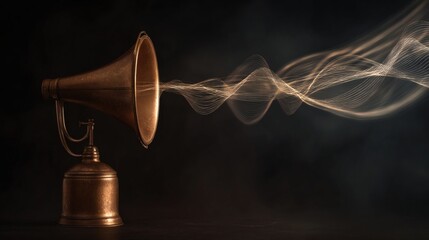 amplifier. Vintage brass megaphone with sound wave visualization, representing communication concept. product launch decks.