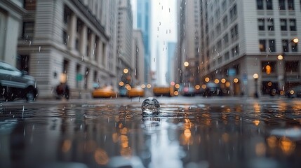 A glass sphere rests on a wet city street, reflecting the bokeh lights of buildings and traffic during a rainy day. The scene captures the urban atmosphere with
