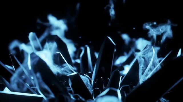 Glowing shards emerge from swirling mist in a dark, ethereal setting