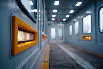 Empty train interior with modern design and bright lighting.