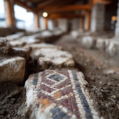 Ancient mosaic in an archaeological ruin site with detailed patterns.