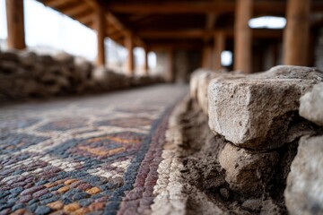 Close-up of ancient mosaic floor with stone wall in ruins.