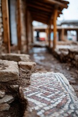 Ancient ruins with detailed mosaic stones and rustic texture.