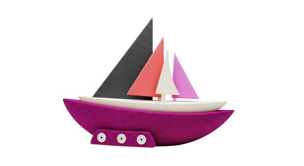 Whimsical pink sailboat with colorful sails on black background