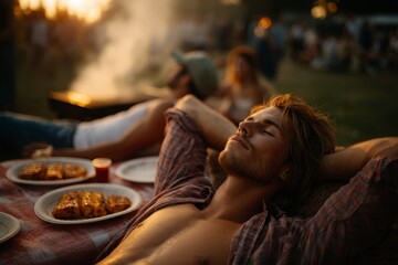 Man relaxing at a barbeque picnic during sunset.