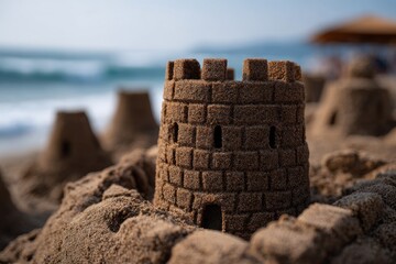 Close-up of a detailed sandcastle on a sunny beach.