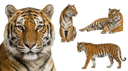 Tigre du Bengale en différentes poses sur fond blanc