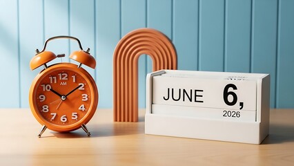 ​A focused shot of an important date (June 6, 2026) on a block calendar alongside a vibrant orange twin-bell clock