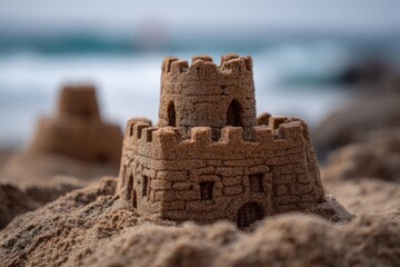 Detailed sandcastle on a beach with ocean waves in the background.