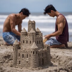 Two people building a detailed sandcastle on a sunny beach.