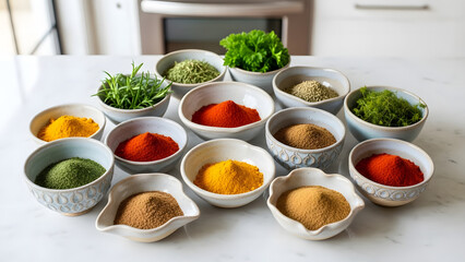 spices and herbs on wooden table for cooking and seasoning