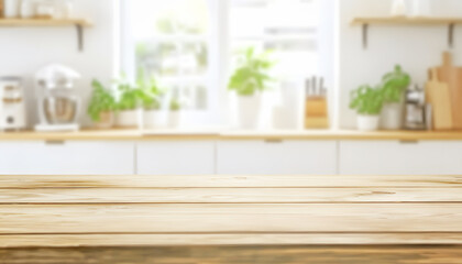 Empty Wooden Table in Modern Bright Kitchen for Product Display Mockup