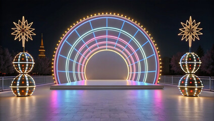 Vibrant outdoor performance podium featuring a rainbow neon light arch and festive star decorations under a starlit night sky