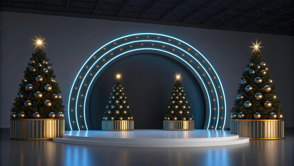 A sophisticated winter holiday background featuring a modern stage with Christmas trees and a circular neon light installation