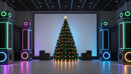 Festive New Year Stage Set with Decorated Christmas Tree and Neon Pillars