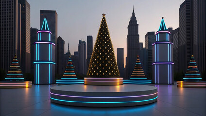 A futuristic cityscape with glowing neon Christmas trees and decorations for a modern holiday celebration