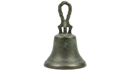 Antique bronze hand bell PNG isolated on transparent background, vintage metal instrument for ringing and calling attention