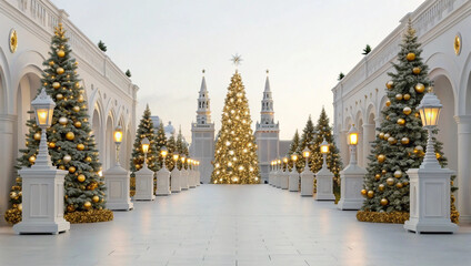 Beautifully decorated Christmas trees and elegant arches line a pristine white walkway, creating a festive winter scene
