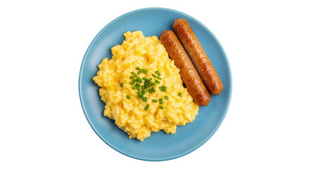 Scrambled eggs with sausages on blue plate isolated PNG, breakfast meal with chives garnish on transparent background