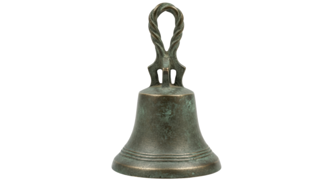Antique bronze hand bell PNG isolated on transparent background, vintage metal instrument for ringing and calling attention