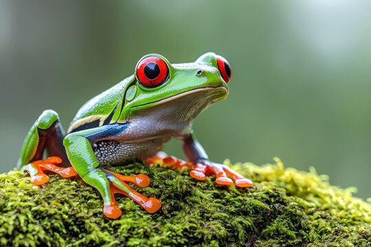 Vibrant red-eyed tree frog on mossy log, striking green and red