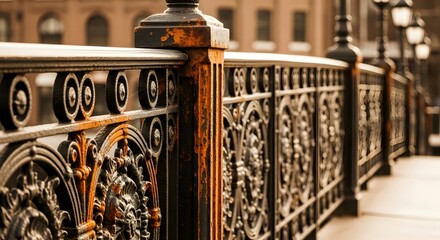 Close up of an ornate metal railing with rust and decorative elements on a bridge with lamp posts