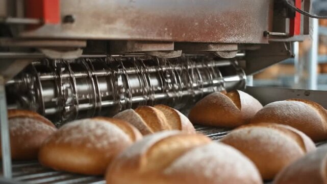 Freshly baked bread rolls in a commercial baking machine.