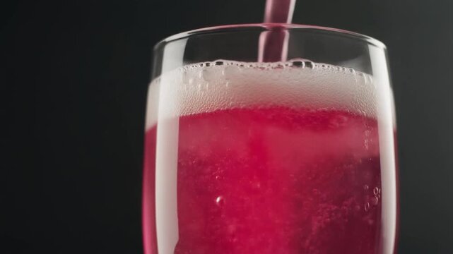 Pink beverage being poured into a glass with bubbles.