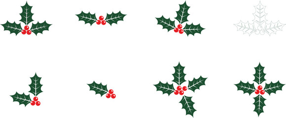 Set of festive christmas holly leaves and red berries in various arrangements for holiday decoration, isolated on white background