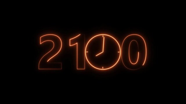 2100 digital text celebration and Calendar neon bright orange color animation. Clock icon timer concept on black background.